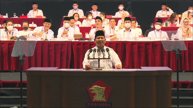 Ketum Gerindra Prabowo Subianto menyampaikan pidato di Rapimnas Gerindra. Foto: Dok. Gerindra