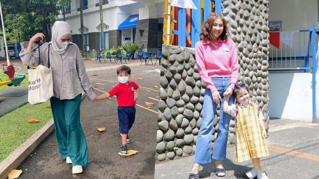 Momen artis antar anak ke sekolah. Foto: Instagram/@zaskiadyamecca dan @sarwendah29