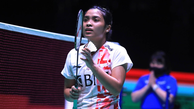 Tunggal putri Indonesia, Gregoria Mariska Tunjung, saat melawan Pai Yu Po di babak 16 besar Japan Open 2022 di Maruzen Intec Arena, Osaka, Jepang, Kamis (1/9/2022). Foto: PBSI
