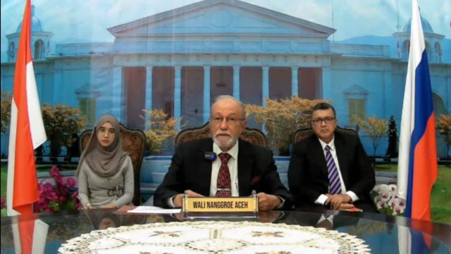 Wali Nanggroe Aceh, Tgk Malik Mahmud Al-Haythar saat berbicara secara virtual di forum internasional yang digelar Pemerintah Federasi Rusia. Dok. LWN