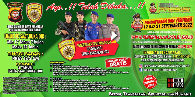 Penerimaan Tamtama Polri dibuka mulai 12-21 September 2022. Foto: Dok. Polres Sekadau