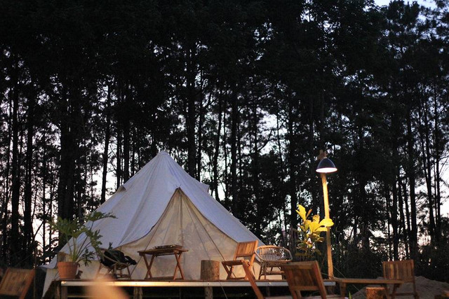 Ilustrasi Glamping. Sumber: https://pixabay.com/id/photos/glamping-berkemah-tenda-hutan-pagi-6490987/