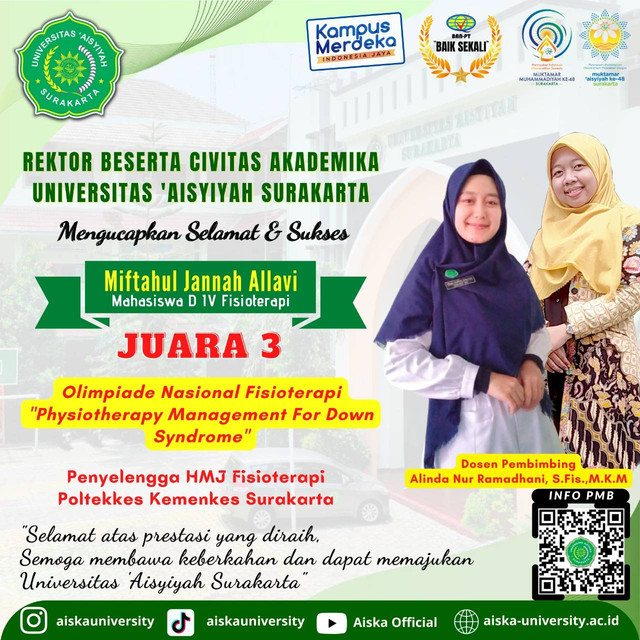 Miftahul Jannah, juara 3 olimpiade nasional fisioterapi didampingi Alinda Nur Ramadhani, S.Fis., M.K.M. (Foto: Dokumentasi Humas AISKA)