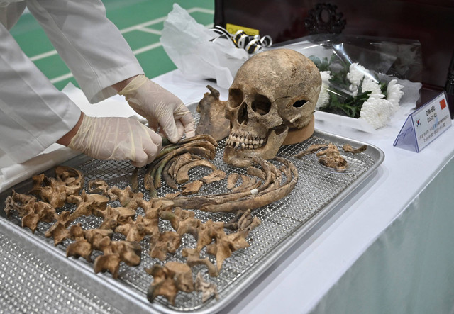 Anggota Badan Pemulihan dan Identifikasi KIA Korea Selatan mengatur jenazah tentara Tiongkok yang terbunuh dalam Perang Korea 1950-53, Korea Selatan. Foto: Jung Yeon Je/AFP