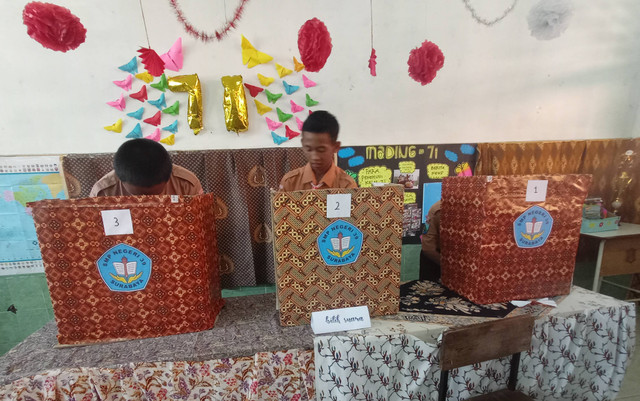 Pemilihan Ketua OSIS di SMPN 39 Surabaya, Jumat (16/9), yang mengadopsi sistem pemilu di Indonesia. Foto-foto: Masruroh/Basra