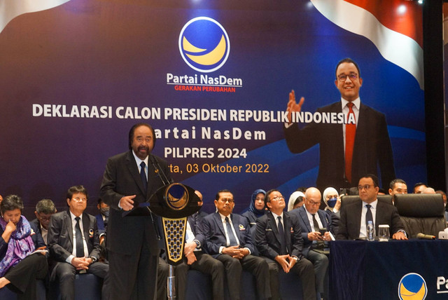 Suasana deklarasi Anies Baswedan sebagai calon presiden RI dari NasDem di DPP Partai NasDem di Jakarta pada Senin (3/10/2022). Foto: Iqbal Firdaus/kumparan