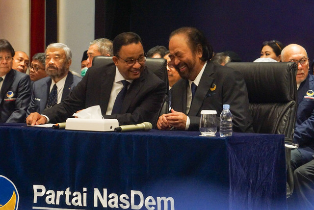 Suasana deklarasi Anies Baswedan sebagai calon presiden RI dari NasDem di DPP Partai NasDem di Jakarta pada Senin (3/10/2022). Foto: Iqbal Firdaus/kumparan