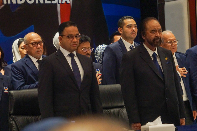 Suasana deklarasi Anies Baswedan sebagai calon presiden RI dari NasDem di DPP Partai NasDem di Jakarta pada Senin (3/10/2022). Foto: Iqbal Firdaus/kumparan