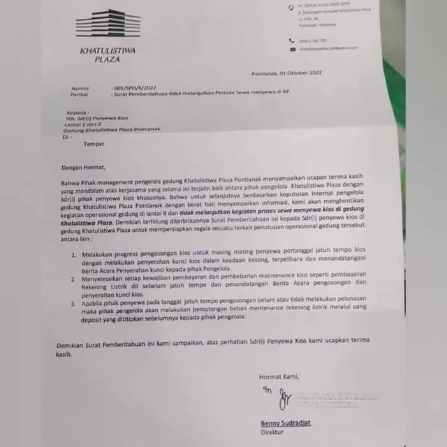 Beredar surat pemberitahuan bahwa Khatulistiwa Plaza atau disebut KP akan ditutup. Foto: Dok. Istimewa