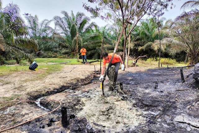 Sumur minyak tradisional di area perkebunan salah satu perusahaan terbakar di Desa Seuneubok Lapang, Kecamatan Peureulak Timur, Aceh Timur, Rabu (12/10/2022). Foto: Dok. Istimewa