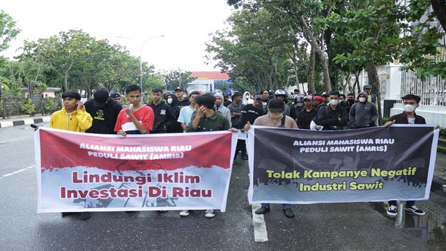 Massa yang tergabung dalam Aliansi Mahasiswa Peduli Sawit Riau (AMRIS) unjuk rasa di Kejaksaan Tinggi (Kejati) Riau. (Foto: Istimewa)