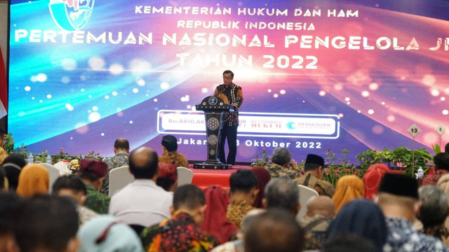 Menkum HAM, Yasonna Laoly, dalam sambutannya pada pembukaan Pertemuan Nasional Pengelola JDIH Jakarta. (Foto: Piqih/Kemenkumham)