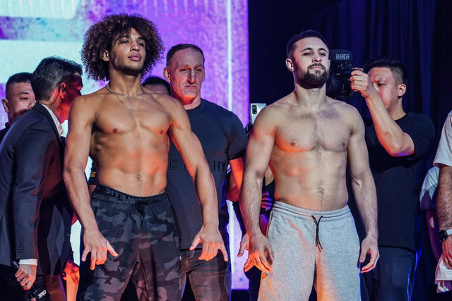 Kade Ruotolo dan Uali Kurzhev dalam sesi faceoff jelang ONE Fight Night 3. Foto: ONE Championship