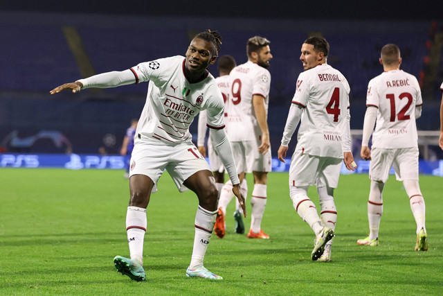 Selebrasi pemain AC Milan usai mencetak gol ke gawang Dinamo Zagreb pada pertandingan Grup E Liga Champions di Stadion Maksimir, Zagreb, Kroasia. Foto: Antonio Bronic/REUTERS