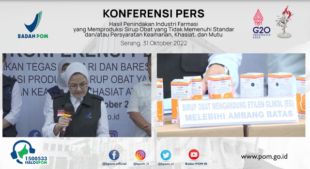 Kepala BPOM Penny Lukito memberikan keterangan pers tentang produsen obat sirop terkait gagal ginjal pada anak. Foto: Dok. YouTube BPOM