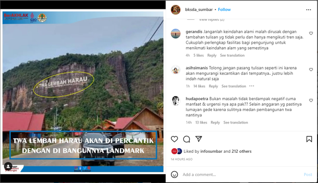 Tangkapan layar informasi resmi akun instagram BKSDA Sumbar terkait rencana pembangunan landmark di Lembah Harau.