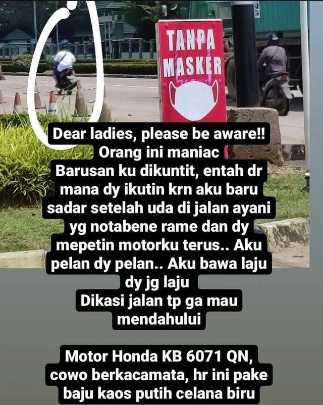 Unggahan curhat pemotor wanita di Pontianak yang diduga mengalami pelecehan seksual di jalan. Foto: Instagram @engelina_ng