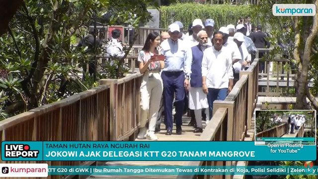 Putu Ayu Saraswati, Putri Indonesia Lingkungan 2020 memandu Delegasi KTT G20 di persemaian dan pembibitan pohon mangrove dalam rangkaian kegiatan hari kedua KTT G20 di Taman Hutan Raya (Tahura) Ngurah Rai, Denpasar, Bali. Foto: kumparan