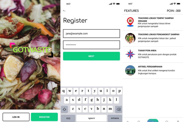Prototipe interface aplikasi GOTWASTE rancangan Muzaki Kurnianto, mahasiswa Departemen Teknik Lingkungan ITS, untuk membantu pengolahan sampah organik.
