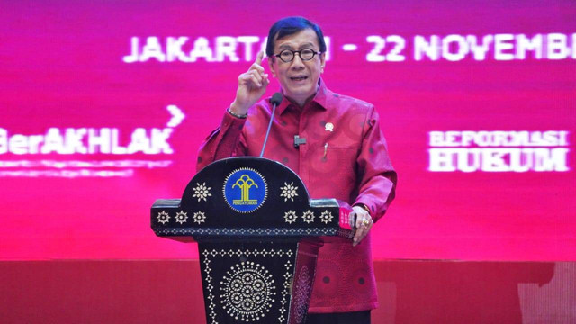 Menkumham Yasonna H Laoly Usai Hadiri Acara Roving Seminar dan pemberian penghargaan soal Kekayaan Intelektual di Hotel Bidakara, Jakarta, Senin (21/11/2022). Foto: Dok. DJKI Kemenkumham