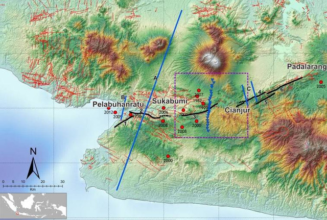 Peta sesar Cimandiri Foto: Arisbaya Dkk, Pure and Applied Geophysics (2019)
