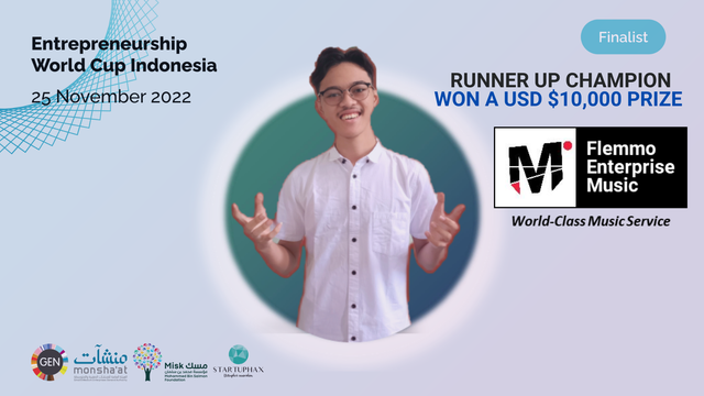 Maharsyalfath Izlubaid Qutub Maulasufa (Alfath Flemmo) pendiri dan CEO Flemmo Enterprise Music (FEM) - Flemmo Music Global, raih juara Runner-up nasional Entrepreneurship World Cup (EWC) 2022