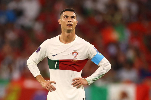 Portugal Cristiano Ronaldo bereaksi saat lawan Korea Selatan pada Piala Dunia 2022, di Education City Stadium, Al Rayyan, Qatar, Jumat (2/12/2022). Foto: Kai Pfaffenbach/REUTERS