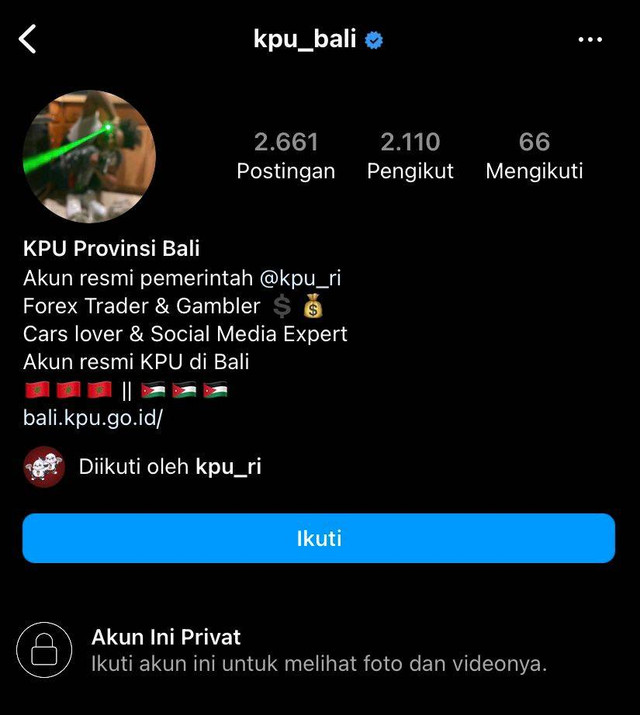 Akun sosial media instagram KPU Bali diretas pada Kamis (8/12). Foto: Tangkapan layar Instagram/@kpu_bali