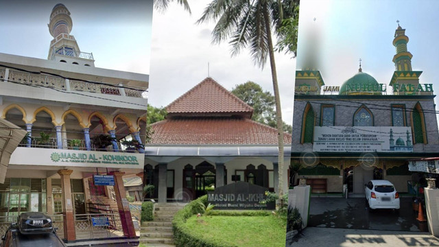 Masjid Jami' Nurul Falah (kanan), Masjid Al-Ikhlas (tengah), dan Masjid Al-Kohinoor di Margonda, Depok.
 Foto: Google Street View