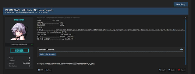 43 Ribu data diduga merupakan data PNS Jawa Tengah yang bocor diunggah di forum hacker. Foto: Screenshot