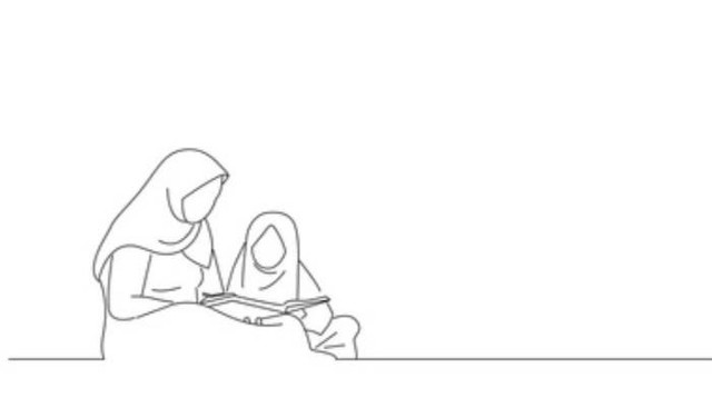 Ilustrasi Perempuan (Ibu) Mengajar Anak Mengaji, Foto: Shutterstock https://www.shutterstock.com/id/image-vector/drawing-muslim-mother-teach-her-daughter-2191686725
