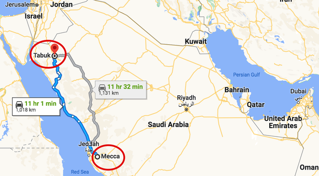 Peta jarak Provinsi Makkah dan Provinsi Tabuk di Arab Saudi. Foto: Googlemaps