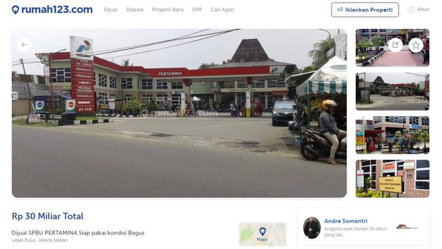 SPBU dijual di situs online rumah123.com. Foto: Dok. rumah123