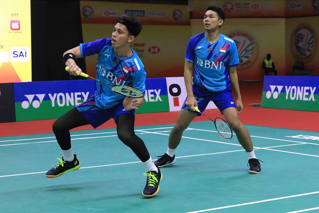 Ganda putra Indonesia, Fajar Alfian/Rian Ardianto, di babak 16 besar India Open 2023 di K. D. Jadhav Indoor Hall, New Delhi, India, Kamis (19/1/2023). Foto: Dok. PBSI