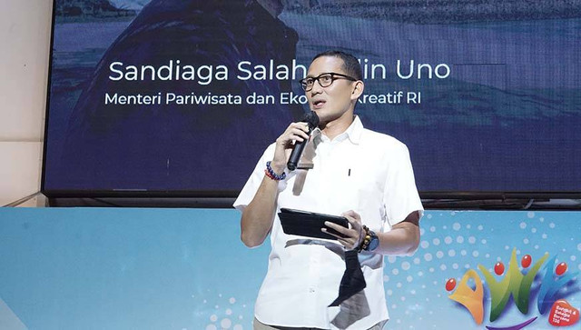 Menparekraf, Sandiaga Uno saat berbicara di forum Pesta Wirausaha Nasional 2023 yang diselenggarakan Komunitas Tangan Di Atas (TDA). foto/dok