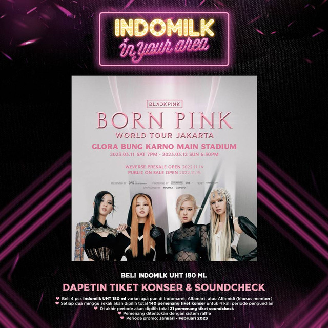 Beli Indomil-K Korean Black Latte dan Indomil-K Korean Pink Blossom, dapatkan tiket soundcheck dan konser BLACKPINK. Foto: Indomilk