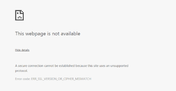 Tampilan ERR_SSL_VERSION_OR_CIPHER_MISMATCH. Foto: Tangkapan layar browser Chrome