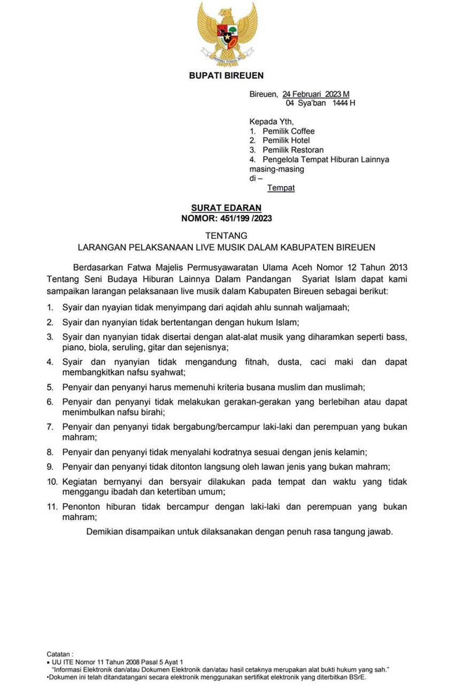 Surat edaran larangan live musik di Bireuen.