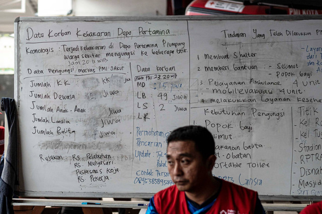 Petugas PMI berada dekat papan informasi korban kebakaran Depo Pertamina Plumpang di Kantor PMI Jakarta Utara, Koja, Jakarta, Sabtu (4/3/2023). Foto: Aprillio Akbar/ANTARA FOTO