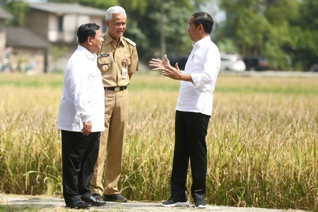 Presiden Joko Widodo bersama Menhan Prabowo Subianto dan Gubernur Jateng Ganjar Pranowo meninjau panen raya di Kebumen, Jawa Tengah, Kamis (9/3/2023).
 Foto: Dok. Istimewa