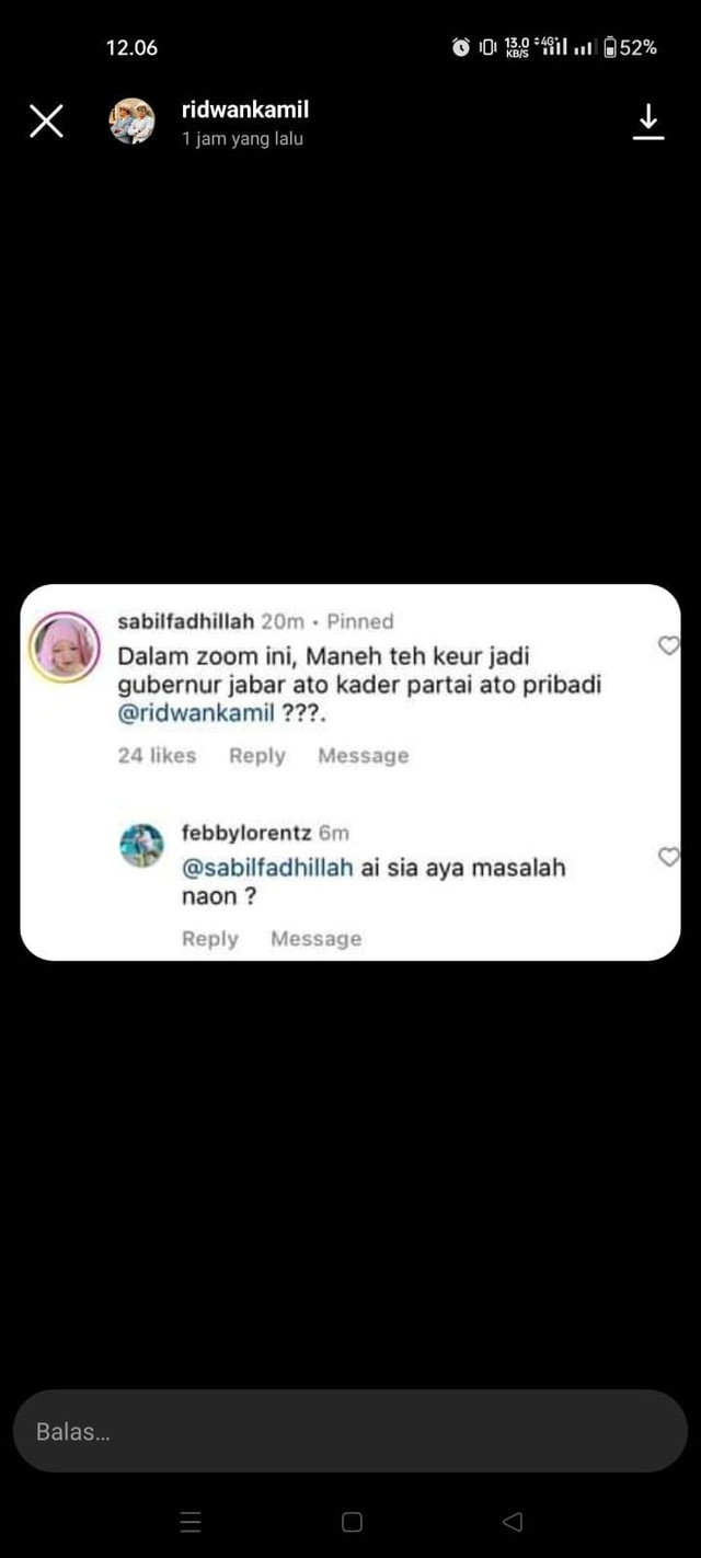 Komentar Sabil di akun Instagram Ridwan Kamil. Foto: Dok. Istimewa