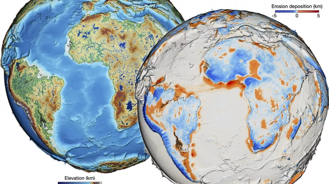 Gambar diam menunjukkan tingkat ketinggian dan erosi Bumi dari model baru sejarah geologis 100 juta tahun. Foto: Tristan Salles/University of Sydney