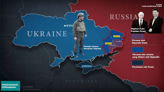 Peta Wilayah Negara Ukraina, Presiden Ukraina Volodymyr Zelensky, Vladimir Putin Presiden Rusia, Xi Jinping Presiden Republik Rakyat Tiongkok (Foto Ilustrasi: @Christofel Sanu).
