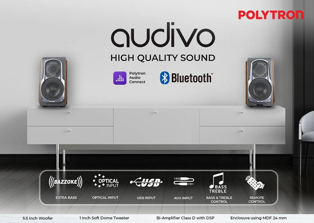 HiFi Speaker Audivo PHS 6A dari Polytron dengan power output 180 watt yang didesain secara optimal menggunakan teknologi electro-acoustic terkini, vokal transparan, treble jernih, sehingga menghadirkan suara yang lebih menggelegar. Foto: Polytron