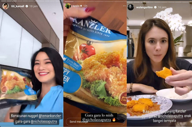 Deretan artis Indonesia mencoba kreasi nugget ala Nicholas Saputra dengan Kanzler Crispy Chicken Nugget. Foto: Instagram @titi_kamal, @sysiio, @wulanguritno