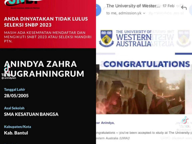 Kolase foto pengumuman SNBP dan penerimaan mahasiswa di The University of Western Autralia. Foto: istimewa