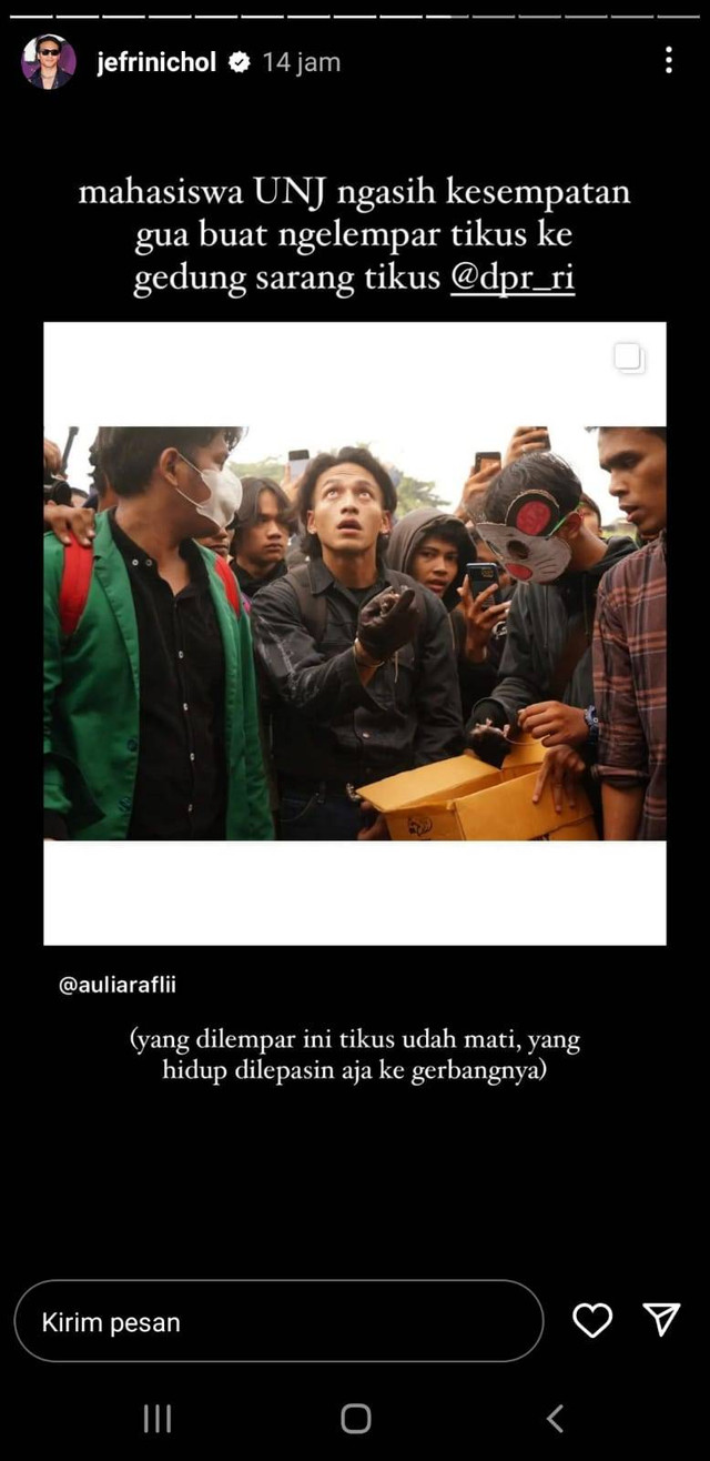 Jefri Nichol ikut demo tolak UU Ciptaker di depan gedung DPR. Foto: Instagram Story Jefri Nichol