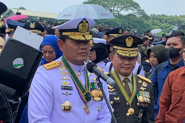 Panglima TNI Laksamana TNI Yudo Margono usai menghadiri peringatan HUT ke-77 TNI AU di Lanud Halim Perdanakusuma, Minggu (9/4). Foto: Luthfi Humam/kumparan