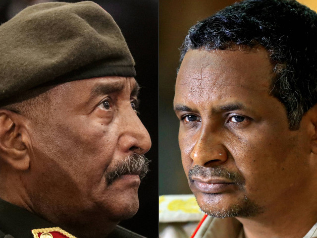 Kolase foto Panglima Angkatan Darat Sudan Abdel Fattah al-Burhan (kiri) dan komandan Pasukan Dukungan Cepat paramiliter Sudan, Jenderal Mohamed Hamdan Daglo (Hemedti). Foto: ASHRAF SHAZLY/AFP
