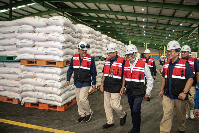 Wakil Menteri BUMN I Pahala Nugraha Mansury (kedua kanan) didampingi Direktur Produksi PT Pupuk Indonesia (Persero) Bob Indiarto (kanan) dan Direktur Utama PT Pupuk Sriwidjaja Palembang Tri Wahyudi Saleh (kedua kiri) meninjau gudang penyimpanan pupuk Foto: ANTARA FOTO/Nova Wahyudi